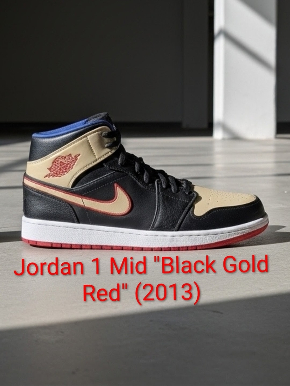 Jordan 1 Mid Rare "Black Gold Red" (2013) Mens 10 Womens 11.5 EUC